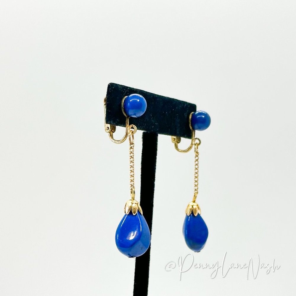 Vintage Bright Bue Dangle Beads Drop Earrings - Picture 3 of 7